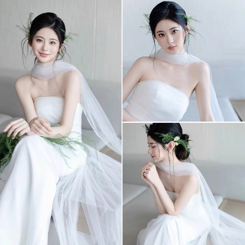 Verngo ผ้ากอซที่ไม่มีสายหนัง Scraf ชุดแต่งงาน Tulle Mermaid เจ้าสาวชุดงานแต่งงานที่เรียบง่ายชุด Scraf แขนกุดชุดเจ้าสาว