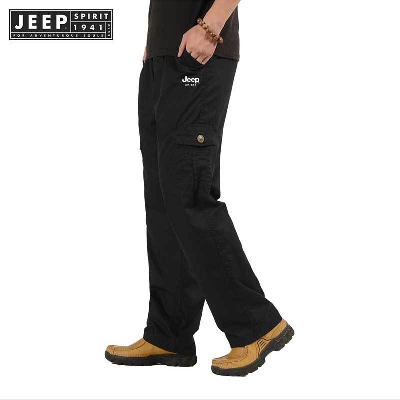 Jeep SPIRIT 1941 ESTD ยืดหยุ่นสีทึบสบายๆกางเกงหลายกระเป๋าฤดูใบไม้ร่วงกางเกงทํางานยืดหยุ่น