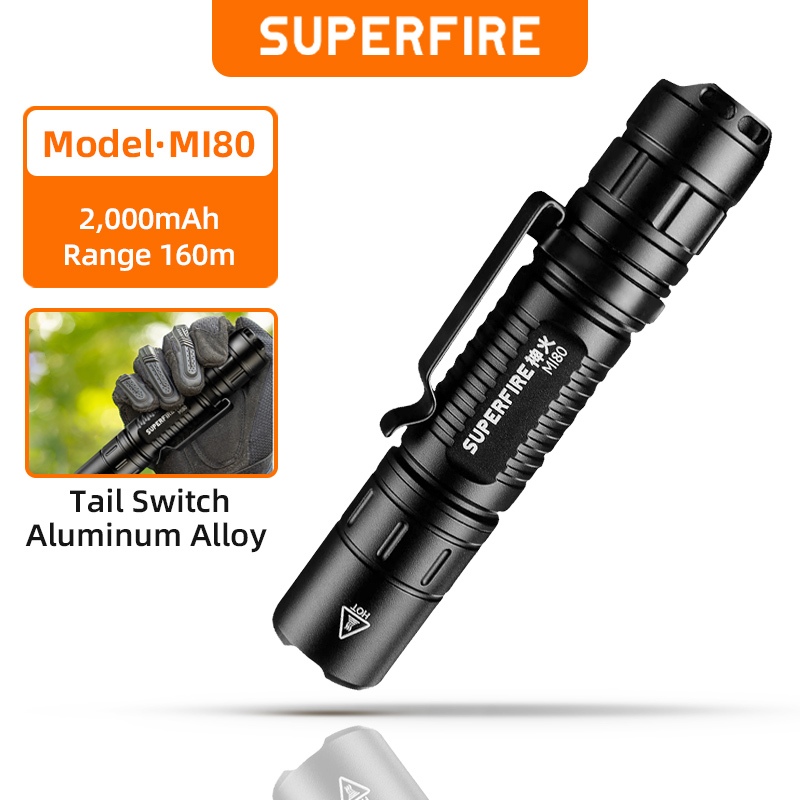 SUPERFIRE MI80 3W EDC ไฟฉาย LED 18650 ไฟฉาย 5 โหมดอลูมิเนียมแบบพกพา แคมป์ปิ้ง กลางแจ้งโคมไฟกันน้ำโคม