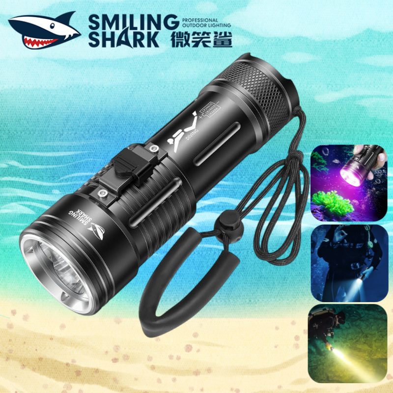 Smiling Shark QSD37 ไฟฉายดําน้ํา IPX8 Deep Dive Light สีขาว, สีเหลืองสีม่วง 3 โหมดสําหรับตกปลา, ไฟทํางานใต้น้ํา