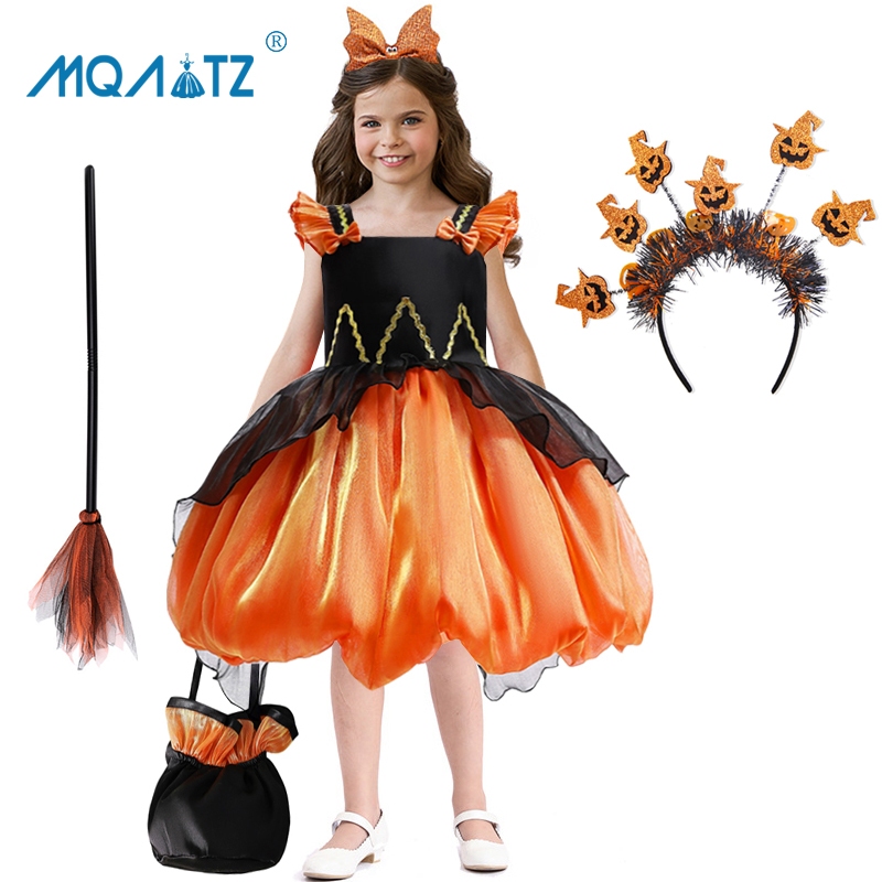 Mqatz ชุดเดรสคอสเพลย์ ปาร์ตี้ฮาโลวีน สีส้ม พร้อมกระเป๋า สําหรับเด็กผู้หญิง อายุ 3-8 ปี AWS031