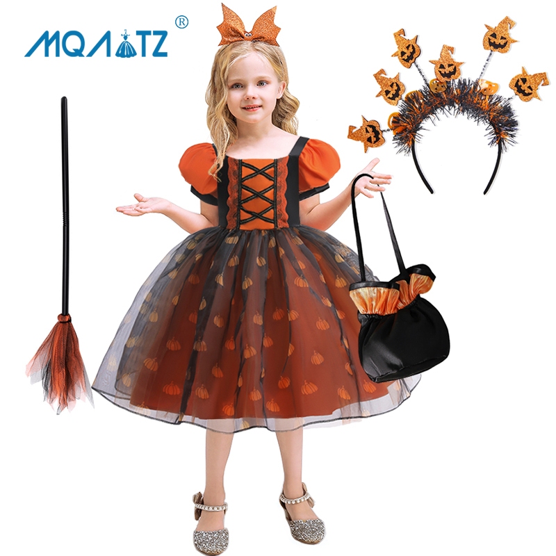Mqatz ชุดเดรสคอสเพลย์ ลายฟักทอง สีส้ม สีดํา สําหรับเด็กผู้หญิง AWS032