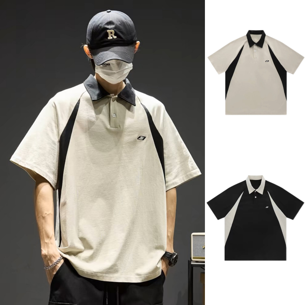 BECOOLMAN-เสื้อยืด สีตัดกัน แขนสั้น ชาย ปกพับ เสื้อท่อนบน แฟชั่น ยอดนิยม