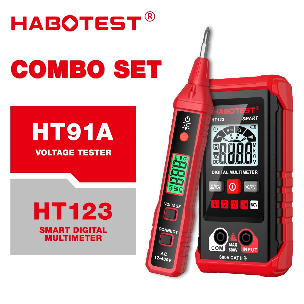 Habotest HT123+HT91A ชุดมัลติมิเตอร์แบบดิจิตอล DC/AC อัจฉริยะมัลติมิเตอร์/ความต้านทาน/การตรวจจับต่อเ