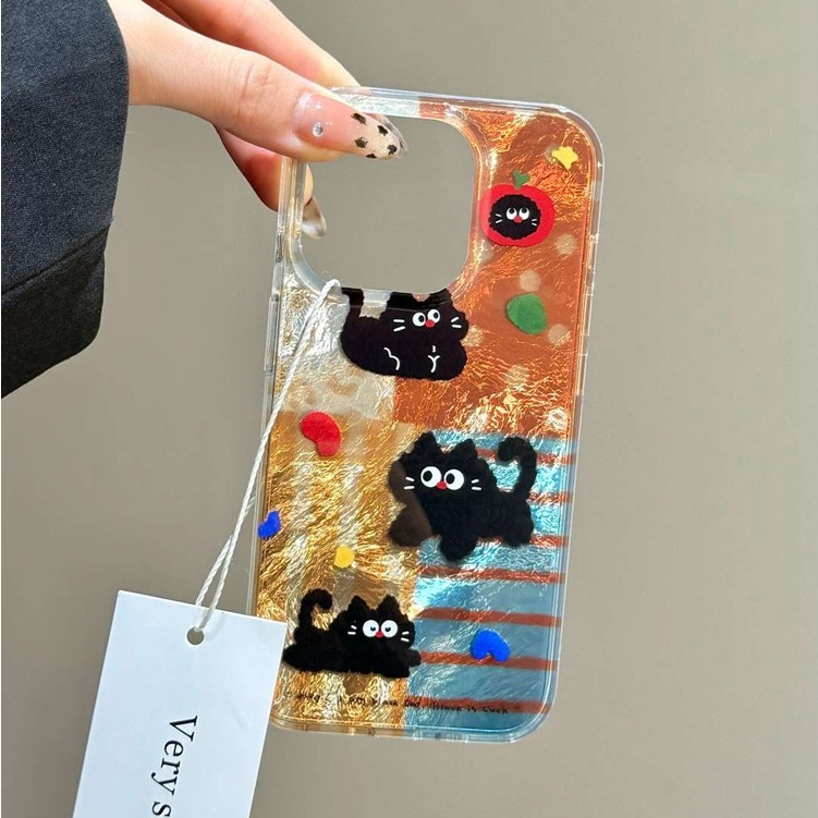 Huiwanju splicing แมวดําขนาดเล็กเหมาะสําหรับ iPhone16promax เคสโทรศัพท์มือถือ 15promax ใหม่ 14pro หญิง 13pro สร้างสรรค์ 12pro รวมทุกอย่างป้องกันการตก 16pro เคสป้องกัน