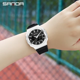 Sanda 6016-2/ในสต็อกผู้หญิงนาฬิกาแฟชั่นหรูหรามัลติฟังก์ชั่ส่องสว่างผู้หญิงนาฬิกาจอแสดงผลคู่กีฬานาฬิกา unisex