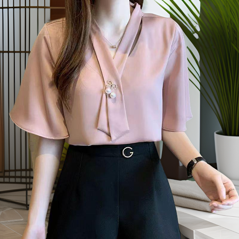 เสื้อเบลาส์ผู้หญิงไซส์ใหญ่สไตล์เกาหลีคอวีด้านบนลําลองแขนสั้น