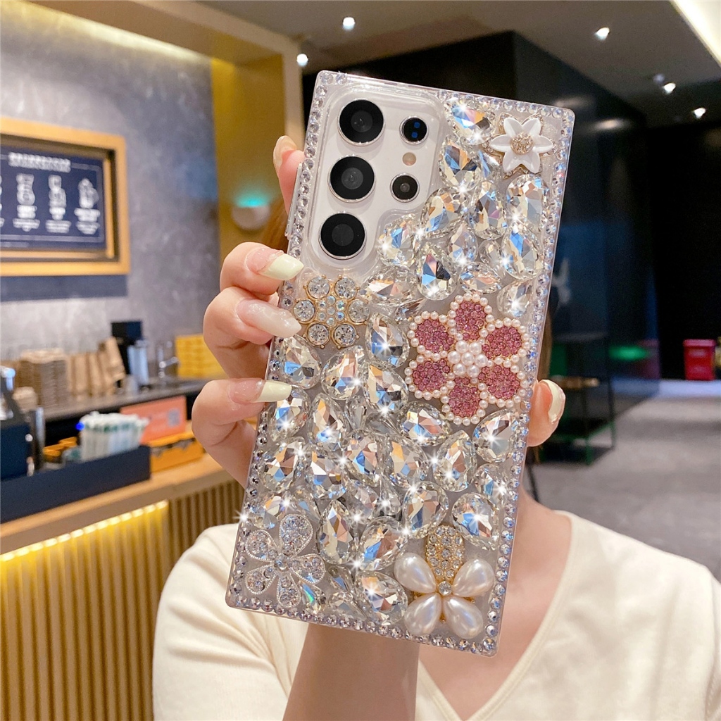Bling Pearls ดอกไม้สีชมพูเคสโทรศัพท์สําหรับ Samsung Galaxy S25 S24 Ultra S23 S22 S21 S20 Plus Note20