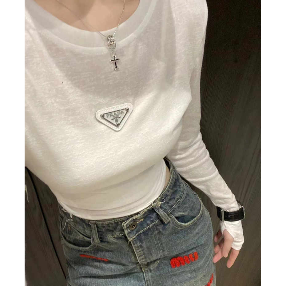Pra 2023 WOMEN COLLAR LONG SLEEVED เสื้อยืดผ้าฝ้าย