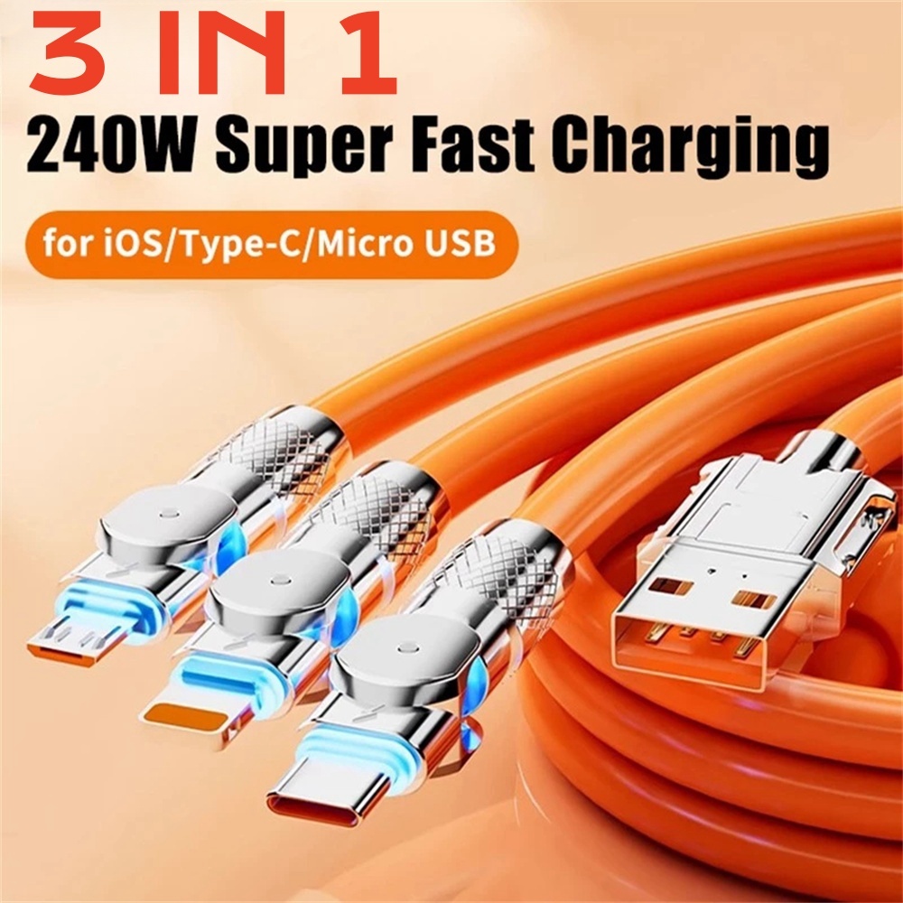 สายชาร์จเร็วสุด 3 ใน 1 สําหรับเกมส์ 180° อินเทอร์เฟซหมุน Super Fast Charger สําหรับ Type C Micro USB iOS สําหรับ VIVO/OPPO/Samsung/Xiaomi/Huawei/Honor/Oneplus/Iphone โทรศัพท์