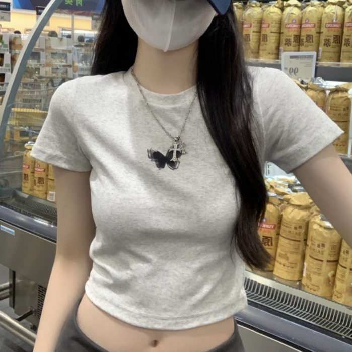 【WJZ】เสื้อยืดแขนสั้นทรงสลิมฟิตพิมพ์ลายผีเสื้อแฟชั่นเกาหลีส รูปที่ 3