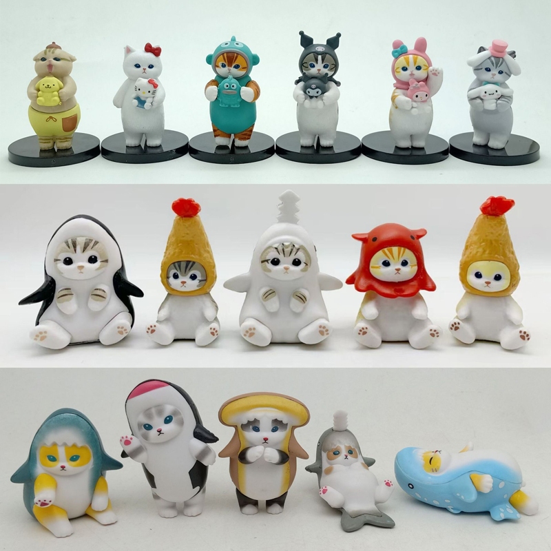 5 ชิ้น/6 ชิ้น/เซ็ตอะนิเมะการ์ตูน Mofusand Shark Cat My Melody Kuromi Marine Life Tiger Shark Cat Fruit Series รุ่น Q PVC Action Figure ตุ๊กตาของเล่น