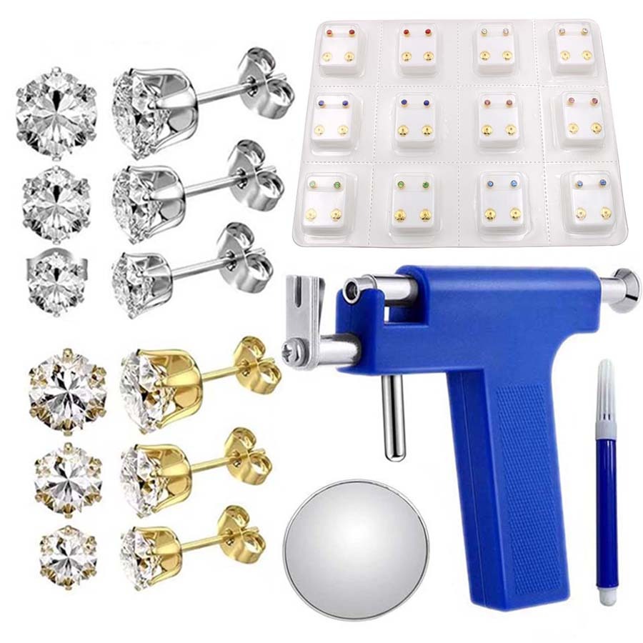 Professional Salon หู Peirking ชุดเครื่องมือ-Reusable หูเจาะปืน 12 คู่หู Studs & 6 คู่ Crown ต่างหู-สําหรับ Home ต่างหูเจาะชุด