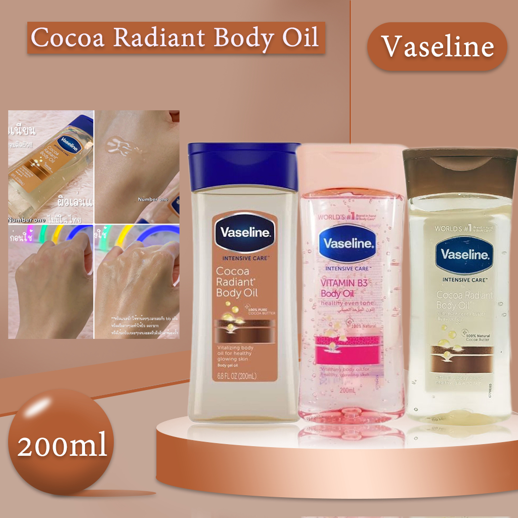 Vaseline Intensive Care Cocoa Radiant Body Oil 200 ml Rose Plant Essence Body Lotion Moisturizing Radiant Moisturizing Cream กลิ่ ✨ ผิวโกลว์ฉ่ำ นำเข้าจากอังกฤษ​ 🇬🇧 วาสลีน ออย