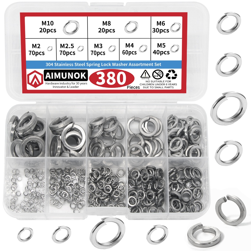 สแตนเลสสปริงล็อคเครื่องซักผ้า Assortment ชุด 304 เกรด M2 ถึง M10 ชิ้นส่วนยึดฮาร์ดแวร์ 380 ชิ้น