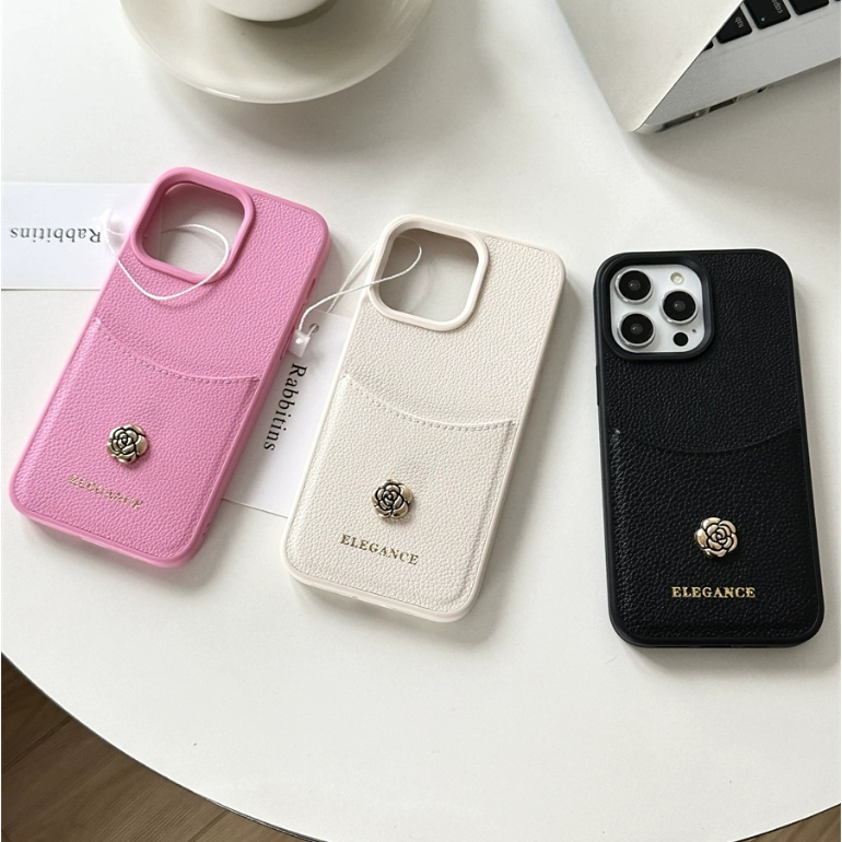 หรูหรา Camellia ช่องใส่การ์ดเคสโทรศัพท์สําหรับ iPhone 17Promax 17Air 16 15 14 13 12 Pro Max Plus PU หนังโทรศัพท์มือถือ