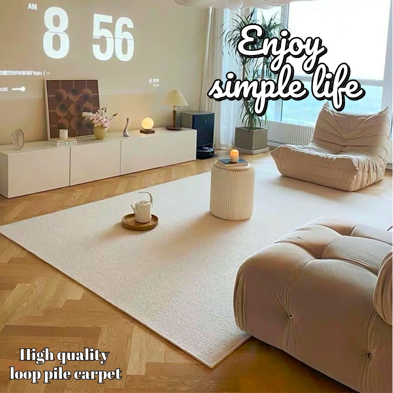 พรมปูพื้นห้องนอน วัสดุม้วนผ้าขนสัตว์ สีขาว ขนาด 100*100–160*230 ซม. ทนการสึกหรอ เดินสบาย พรมห้องนั่งเล่น ตกแต่งห้อง