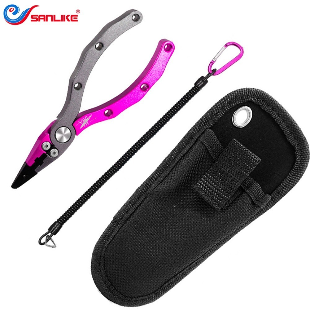 Sanlike ตกปลา Lure คีมมัลติฟังก์ชั่แยกแหวนเครื่องตัดอลูมิเนียมสายตกปลาตัดตะขอ Remover Sheath Retractable Tether Combo