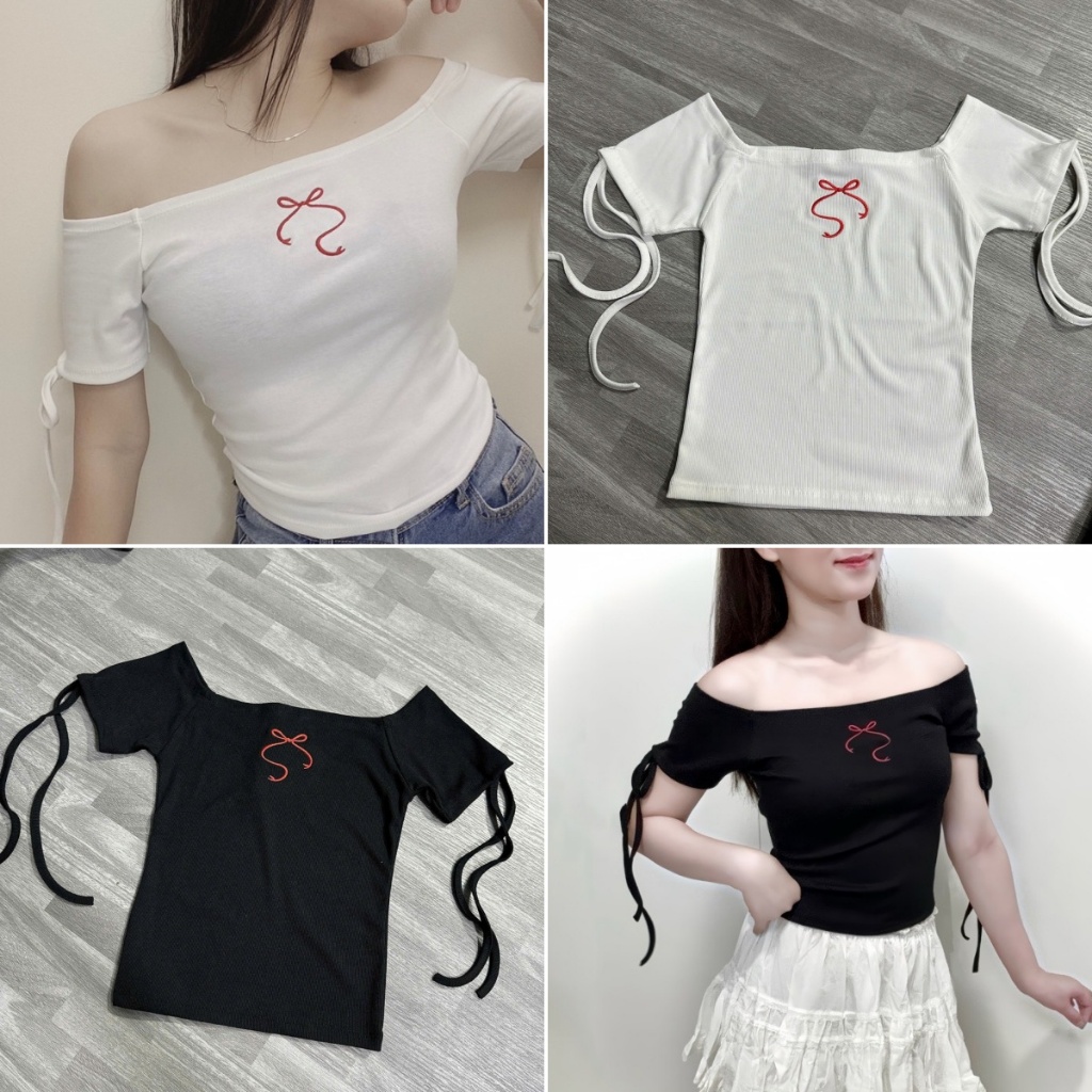 Betty house พร้อมส่ง สื้อยืดเซ็กซี่ผู้หญิง เสื้อยืดปาดไหล่แขนสั้น พิมพ์โบว์ ดูหวานเซ็กซี่(ขาว/ดำ )