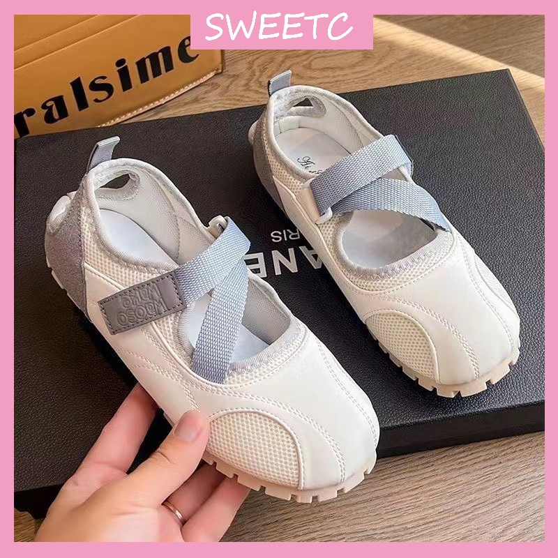 Sweetc Mary Jane รองเท้าผู้หญิงตาข่ายระบายอากาศ Velcro รองเท้าส้นแบนลําลอง