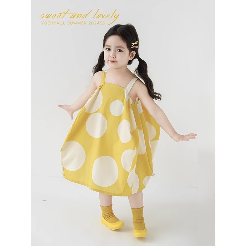 สาวชุดเดรสสลิงลายจุดสีเหลืองฤดูร้อนเด็กทารกเวอร์ชั่นเกาหลีชุดเดรสผ้าฝ้ายแท้สไตล์หวาน