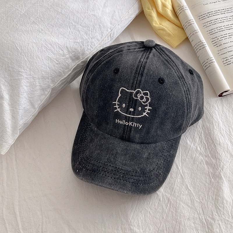 Holle Kitty ปักเบสบอลหมวกผู้หญิง 2024 ฤดูใบไม้ผลิฤดูร้อนสไตล์ใหม่ล้าง Distressed American Retro หมวกปีกกว้าง Face