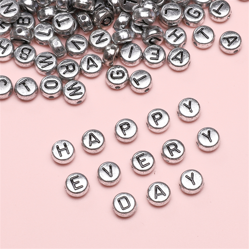 ลูกปัดตัวอักษรเงิน อะคริลิก 4x7mm A-Z 50ชิ้น/แพ็ค อุปกรณ์ทำเครื่องประดับDIY งานแฮนด์เมด
