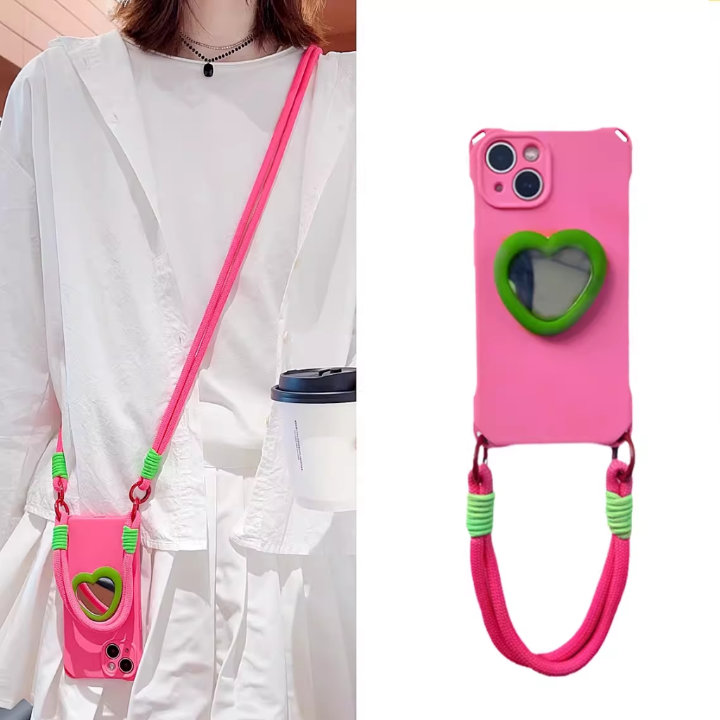 Insแฟชั่นเกาหลีcrossbody Lanyardสร้อยคอรักกระจกBracketสําหรับiPhone 11 12 13 14 15 16 Pro Maxกันกระแทกปกหลัง