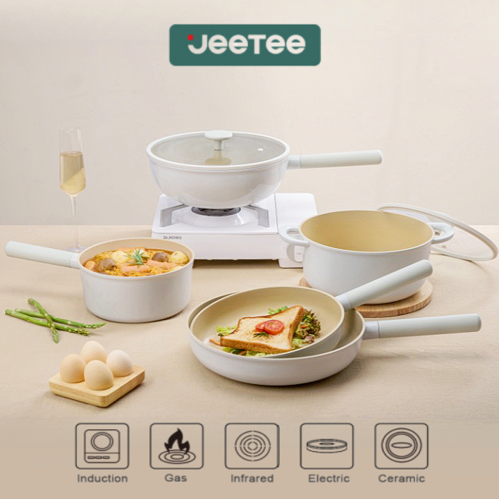 Jeeteee 4 ชิ้นเซรามิค Non Stick ชุดเครื่องครัวเดิมหม้อและกระทะชุด Induction ใช้งานร่วมกับ PFOA/PFOS ฟรี (28 ซม.กระทะลึก + 24 ซม. + หม้อตุ๋น 24 ซม. + กระทะ 20 ซม.)