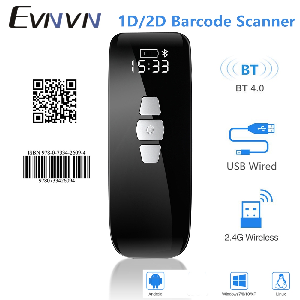 Evnvn 3-in-1 Mini Barcode Reader 2.4G ไร้สายและสาย USB 1D 2D QR Code Bluetooth Barcode Scanner