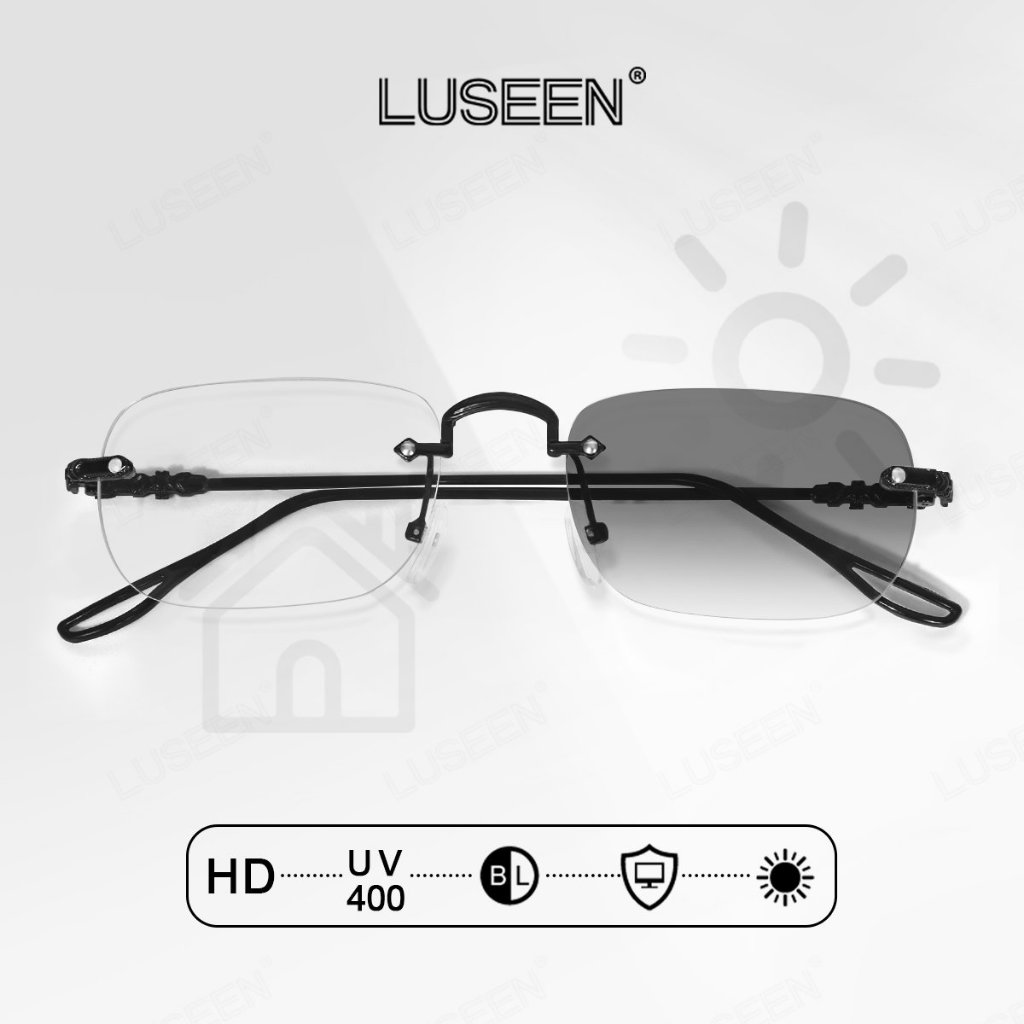 LUSEEN แว่นตา โฟโตโครมิค ป้องกันรังสีแว่นตาสําหรับผู้หญิงผู้ชายแว่นตาไม่มีขอบ ยูนิเซ็กส์ AG2238