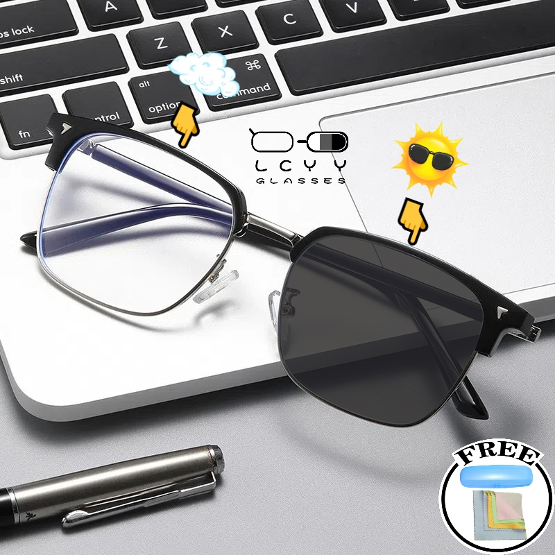 ฟรีกล่องกระจก+ผ้ากระจก LCYY Photochromic ป้องกันรังสีแว่นตาสําหรับผู้หญิงผู้ชายแว่นตาคอมพิวเตอร์สําหรับนักเรียนแว่นตาป้องกันดวงตากรอบสี่เหลี่ยมผืนผ้าป้องกัน Rad828