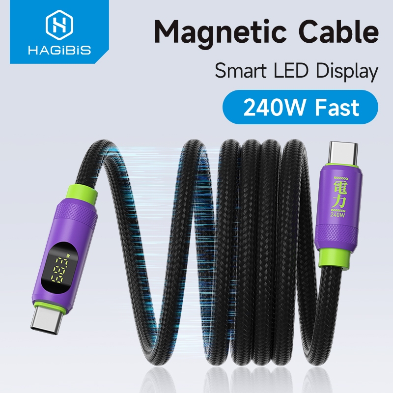 Hagibis Magnetic Usb-C To Usb-C Cable พร้อมจอแสดงผล Led Type-C PD 240W Fast สายชาร์จสําหรับ iPhone 16/15 แล็ปท็อปแท็บเล็ตและโทรศัพท์มือถือ