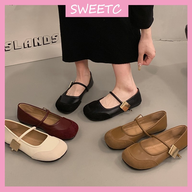 รองเท้า Mary Jane สำหรับผู้หญิง รองเท้าบัลเลต์หัวกลม หัวเข็มขัดโลหะ เวลโคร พื้นนุ่ม