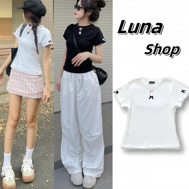 Luna Shop เสื้อท็อปผูกโบว์น่ารักสำหรับผู้หญิง แฟชั่นใหม่ฤดูร้อน 2024 เสื้อยืดแขนสั้นรัดรูป