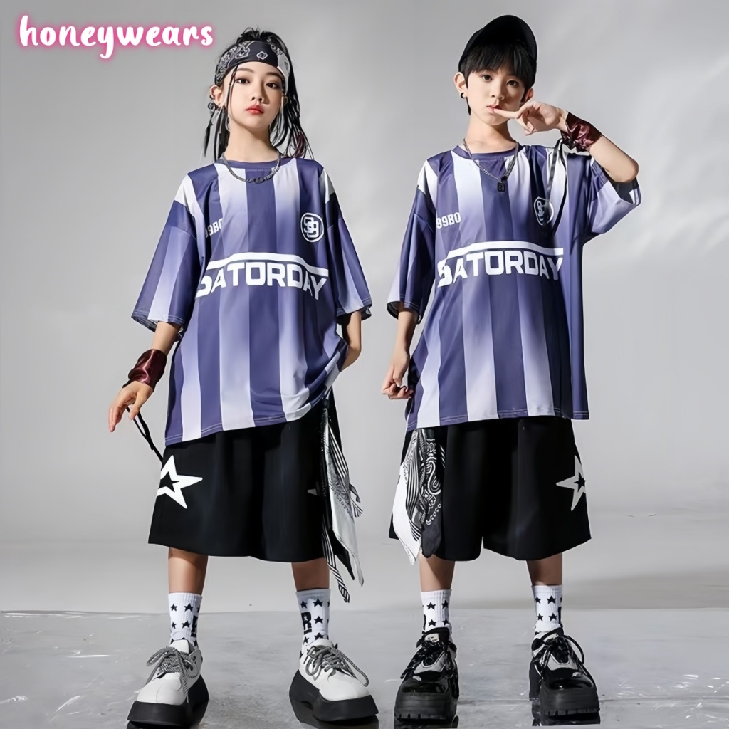 honeywears พร้อมส่ง ชุดเซ็ตแฟชั่นเด็ก เสื้อยืดแขนสั้นกางเกงขาสั้น ฮิปฮอป ทรงหลวม สไตล์เกาหลี ฤดูร้อน ไซส์ 120-160