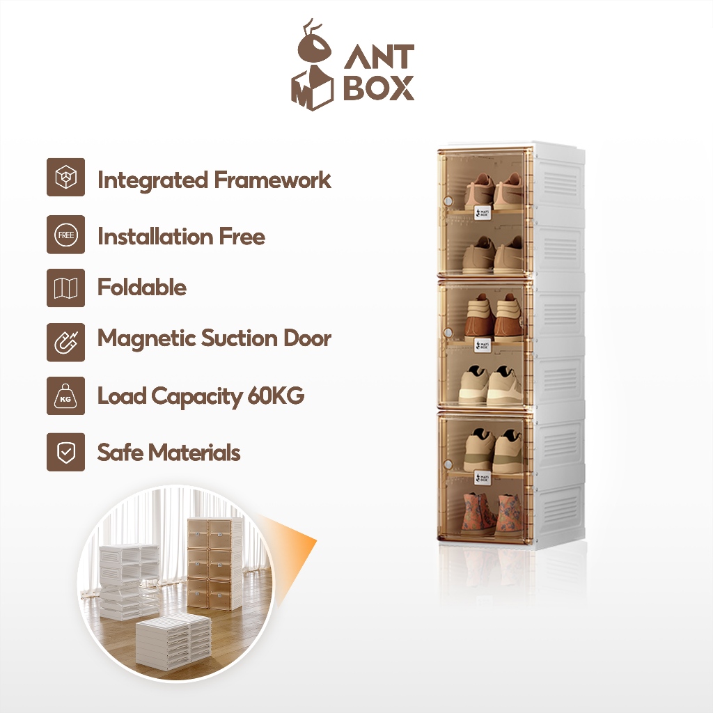 ANTBOX 6คู่ กล่องรองเท้าแบบพับได้  สามารถซ้อนได้หลายชั้น ตู้รองเท้ากันน้ํานอกบ้าน โปร่งใส แข็งแรง ทน