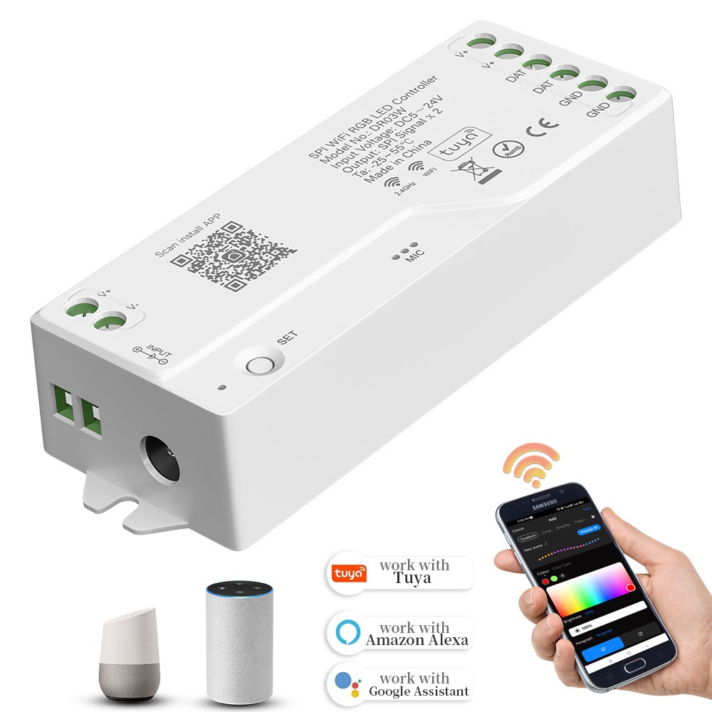 Tuya 2.4G SPI WIFI LED Controller DR03W Google Home Alexa สําหรับ WS2811 WS2812B RGB LED Strip Light ตกแต่งห้อง