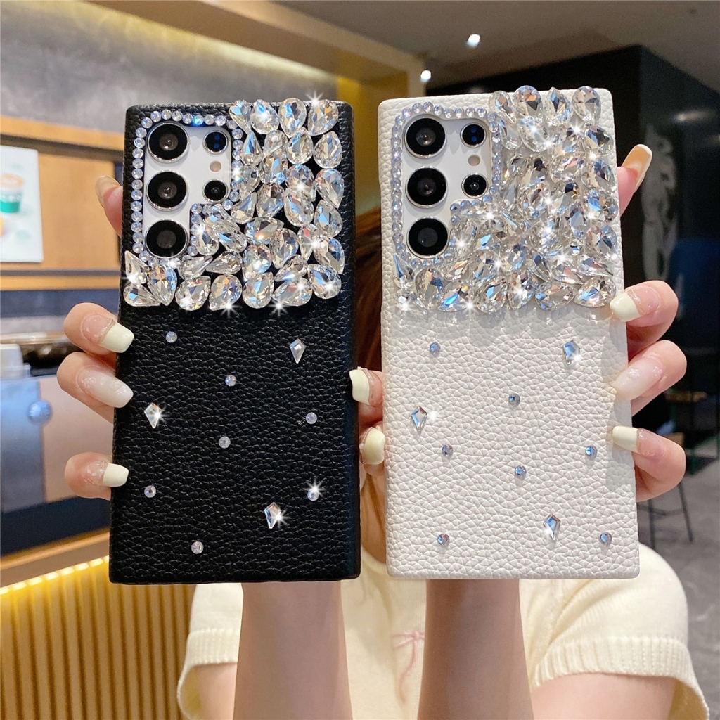 SAMSUNG หรูหราสีม่วงหนังเคสโทรศัพท์สําหรับSamsung Galaxy S25 S24 S23 Ultra S22 Plus A13 A22 A33 A53 A54 A24 A34 5G A25 A35 A55 ปลอกBlingเงินเพชรป้องกันกล้องปกหลัง
