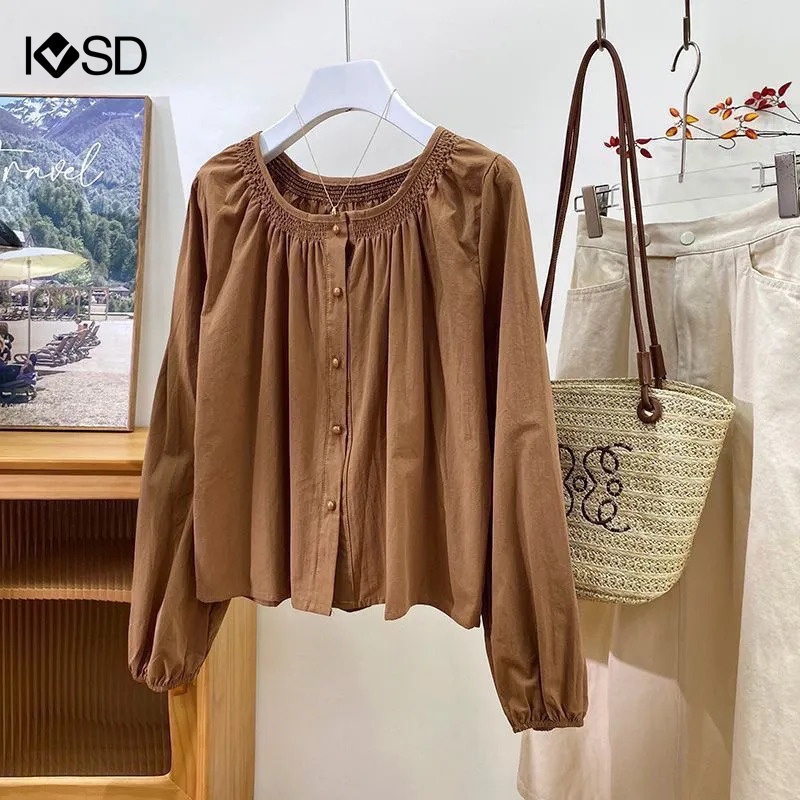 Ivsd รัฟเฟิลผู้หญิง O คอวินเทจแขนยาวปุ่มเสื้อลําลองเสื้อท็อปส์