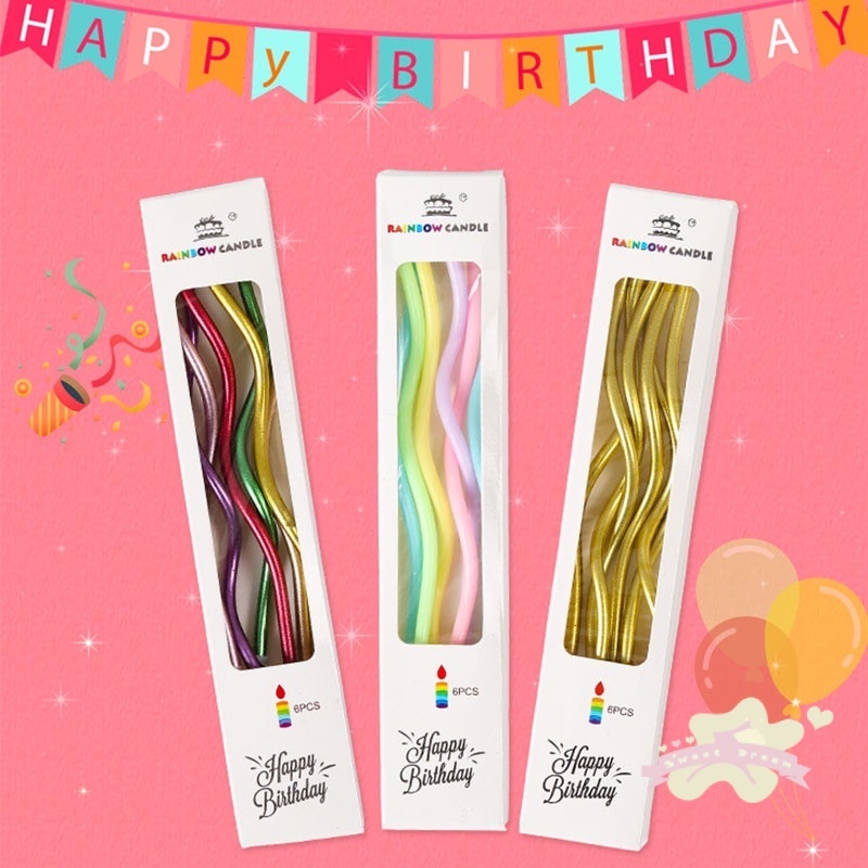 6 ชิ้น Metaliic สีเกลียวเทียน Topper เกลียววันเกิด Bachelorette งานแต่งงานเค้กวันเกิดเทียน