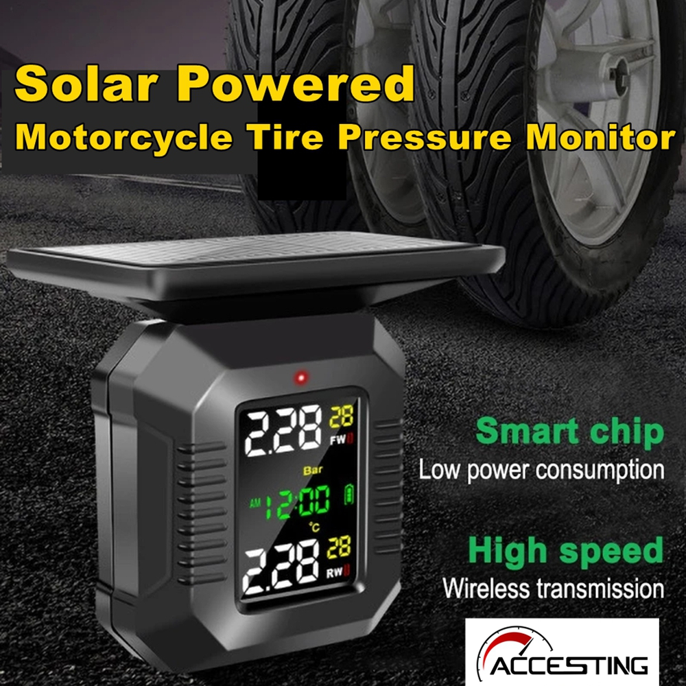 จัดส่งจากประเทศไทย ระบบตรวจสอบความดันยางรถจักรยานยนต์ TPMS พร้อม 2 ความดันยางเซ็นเซอร์ภายนอกพลังงานแสงอาทิตย์ TPMS ความดันยางนาฬิกาปลุก