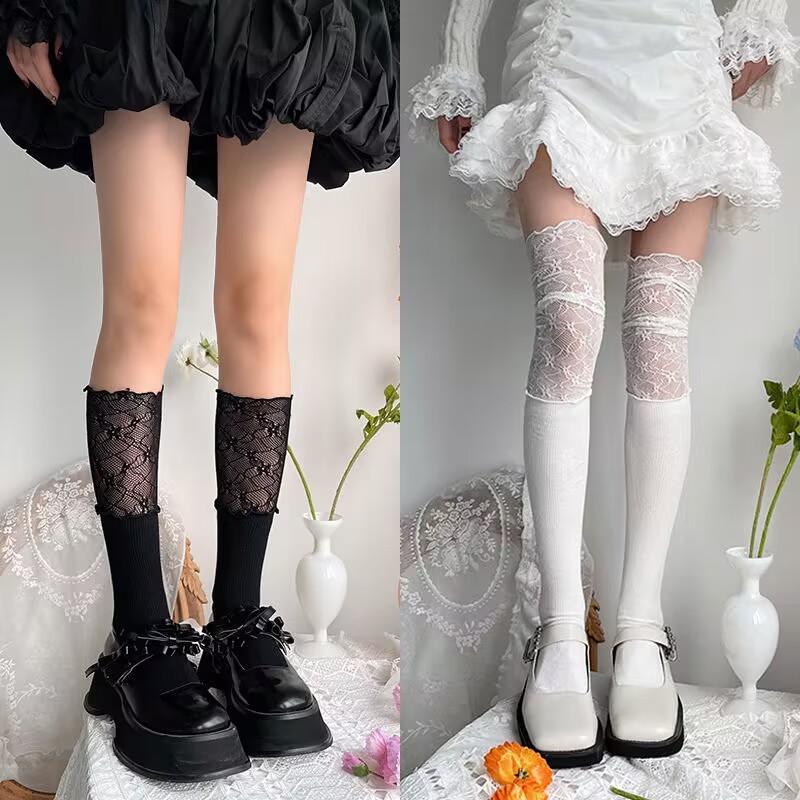 ลูกไม้สีขาวลูกวัวเจเคถุงเท้าผู้หญิงโลลิต้าถุงเท้ากลางบัลเล่ต์สไตล์สาวเกาหลีกับรองเท้าสูงหวานต้นขากองถุงเท้า - รูปที่ 2