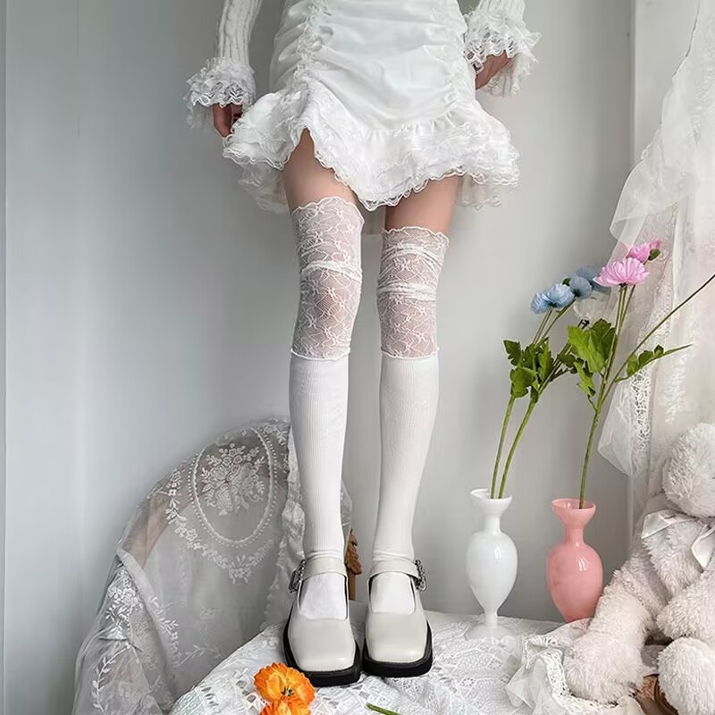 ลูกไม้สีขาวลูกวัวเจเคถุงเท้าผู้หญิงโลลิต้าถุงเท้ากลางบัลเล่ต์สไตล์สาวเกาหลีกับรองเท้าสูงหวานต้นขากองถุงเท้า - รูปที่ 5
