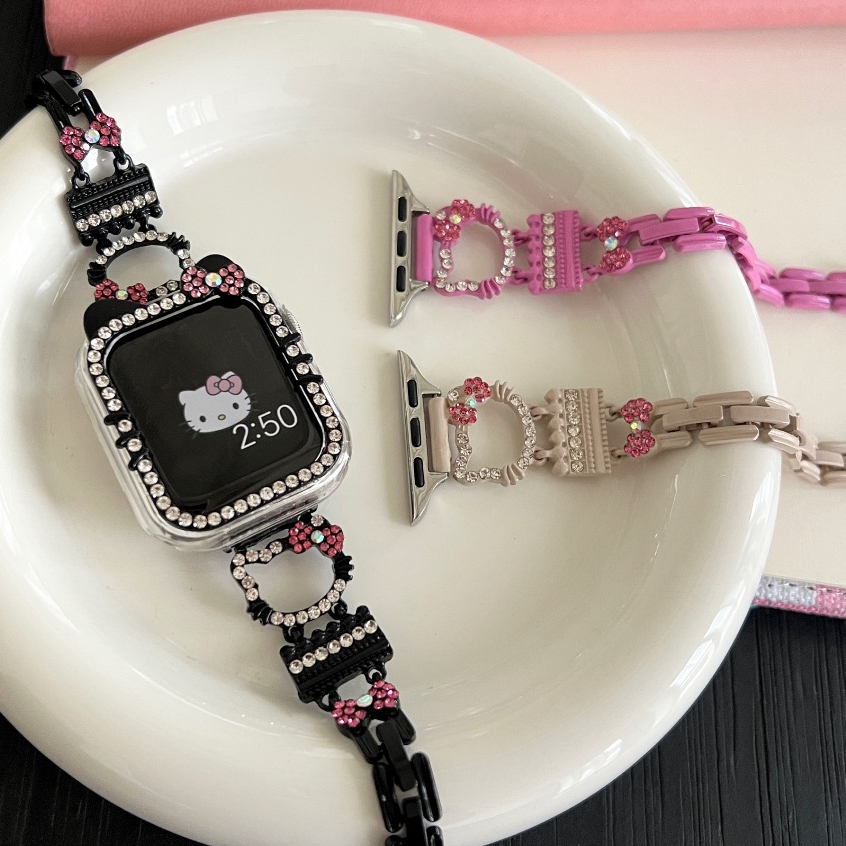 Cute Kitty Diamond Strap Compatible For เคส i watch Strap Series10 9 8 7 6 5 4 3 2 1,se2, Ultra 2 Strap Stylish i Watch Strap Size 42mm 49mm 41mm 45mm 40mm 44mm สาย i watch Strap