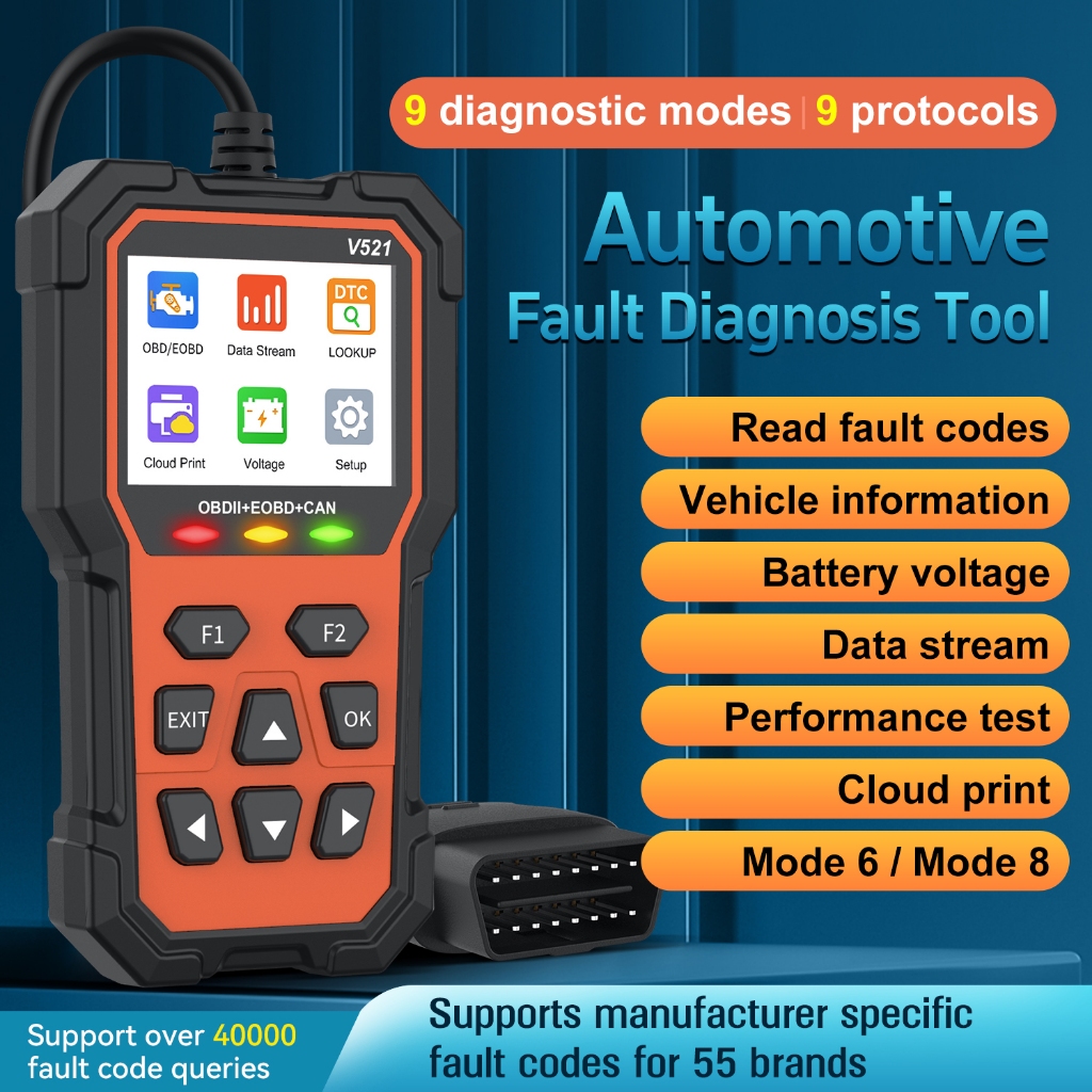 V521 OBD2 EOBD เครื่องสแกนเนอร์เครื่องมือเครื่องอ่านรหัสเครื่องใส Fault Light Live Data Support โปรโ