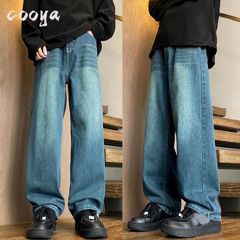 COOYA กางเกงยีนส์วินเทจ กางเกงยีนส์ผู้ชาย ทรงตรง ทรงหลวม สีฟ้าวินเทจ สไตล์อเมริกัน ไฮสตรีท ฮิปฮอป