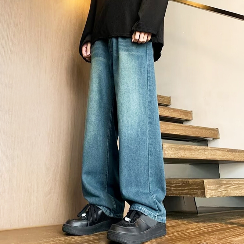 COOYA กางเกงยีนส์วินเทจ กางเกงยีนส์ผู้ชาย ทรงตรง ทรงหลวม สีฟ้าวินเทจ สไตล์อเมริกัน ไฮสตรีท ฮิปฮอป