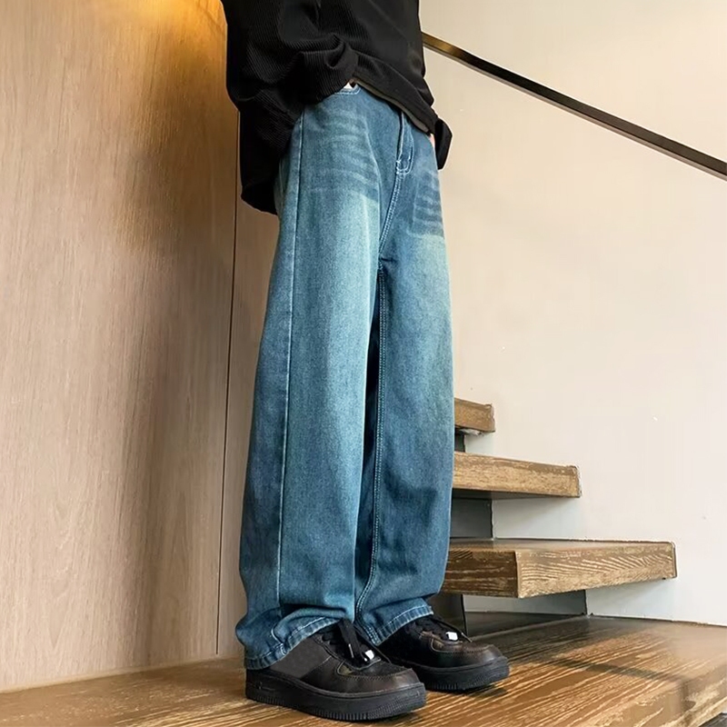 COOYA กางเกงยีนส์วินเทจ กางเกงยีนส์ผู้ชาย ทรงตรง ทรงหลวม สีฟ้าวินเทจ สไตล์อเมริกัน ไฮสตรีท ฮิปฮอป