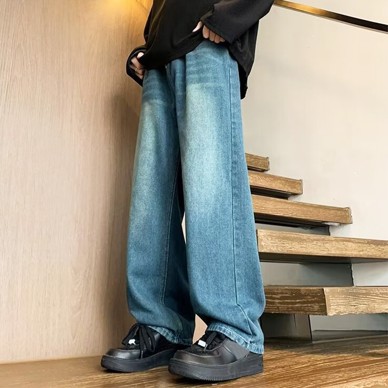 COOYA กางเกงยีนส์วินเทจ กางเกงยีนส์ผู้ชาย ทรงตรง ทรงหลวม สีฟ้าวินเทจ สไตล์อเมริกัน ไฮสตรีท ฮิปฮอป